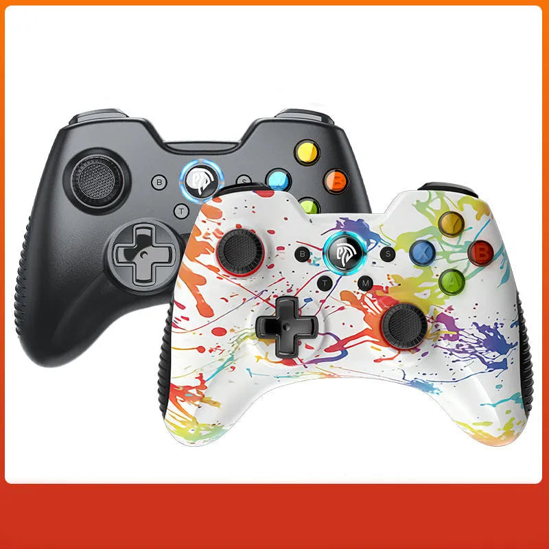 Black dual-mode wireless game controller for PC with coloured action buttons, shown with USB dongle and spare thumbstick caps.