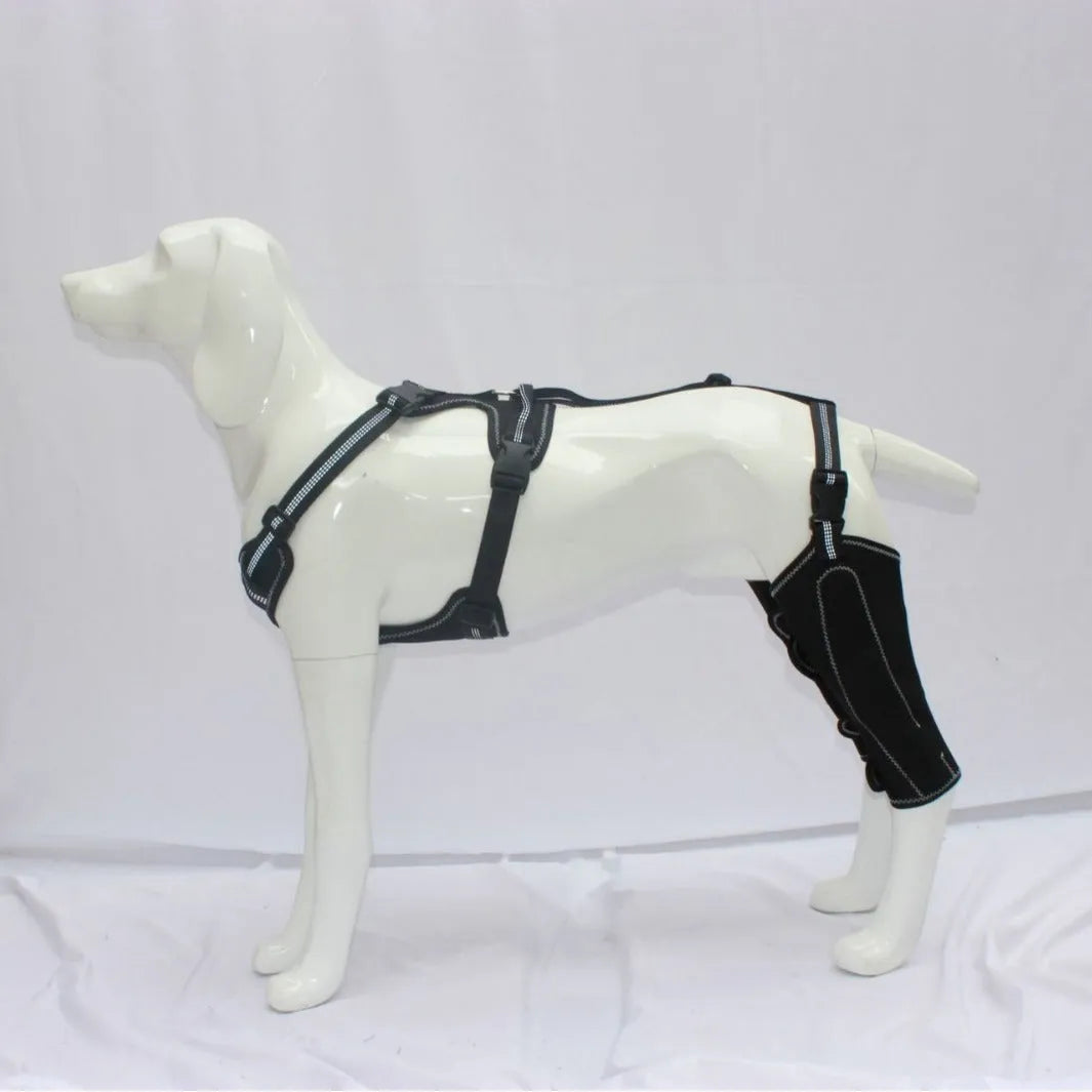 Black adjustable dog thigh protective sleeve with metal support components for post-operative recovery