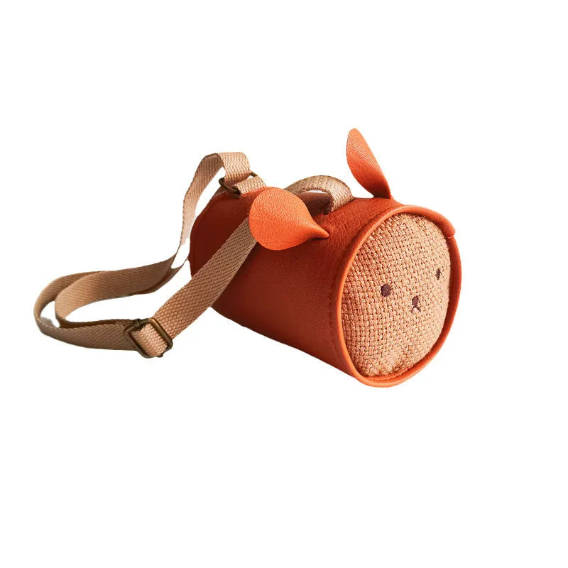 3D rabbit bucket crossbody children's waist bag in upgraded litchi pattern PU leather, 12.5cm long, 9cm diameter