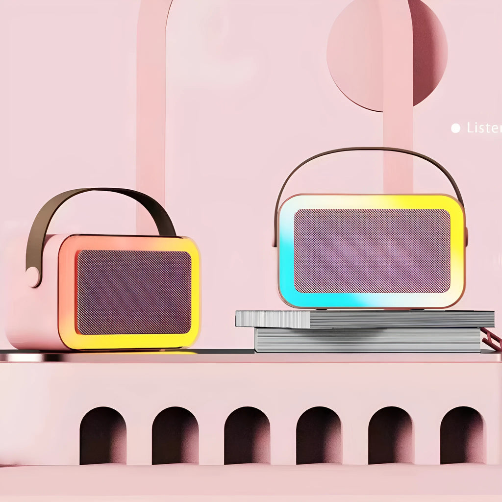 Portable Bluetooth karaoke microphone speaker with colourful LED lights in pink, sky blue, or white.