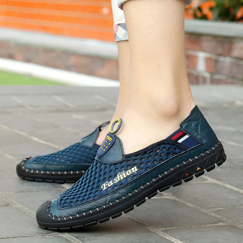 Men's brown breathable mesh casual shoes with round toe and non-slip rubber sole.