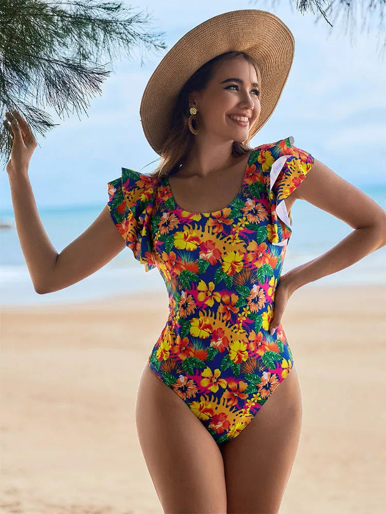 Women's one-piece swimsuit with U-shaped neckline and lace detailing on polyester fabric