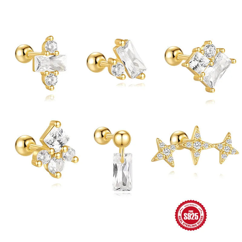 S925 sterling silver square gravel stud earrings with floral design in golden colour