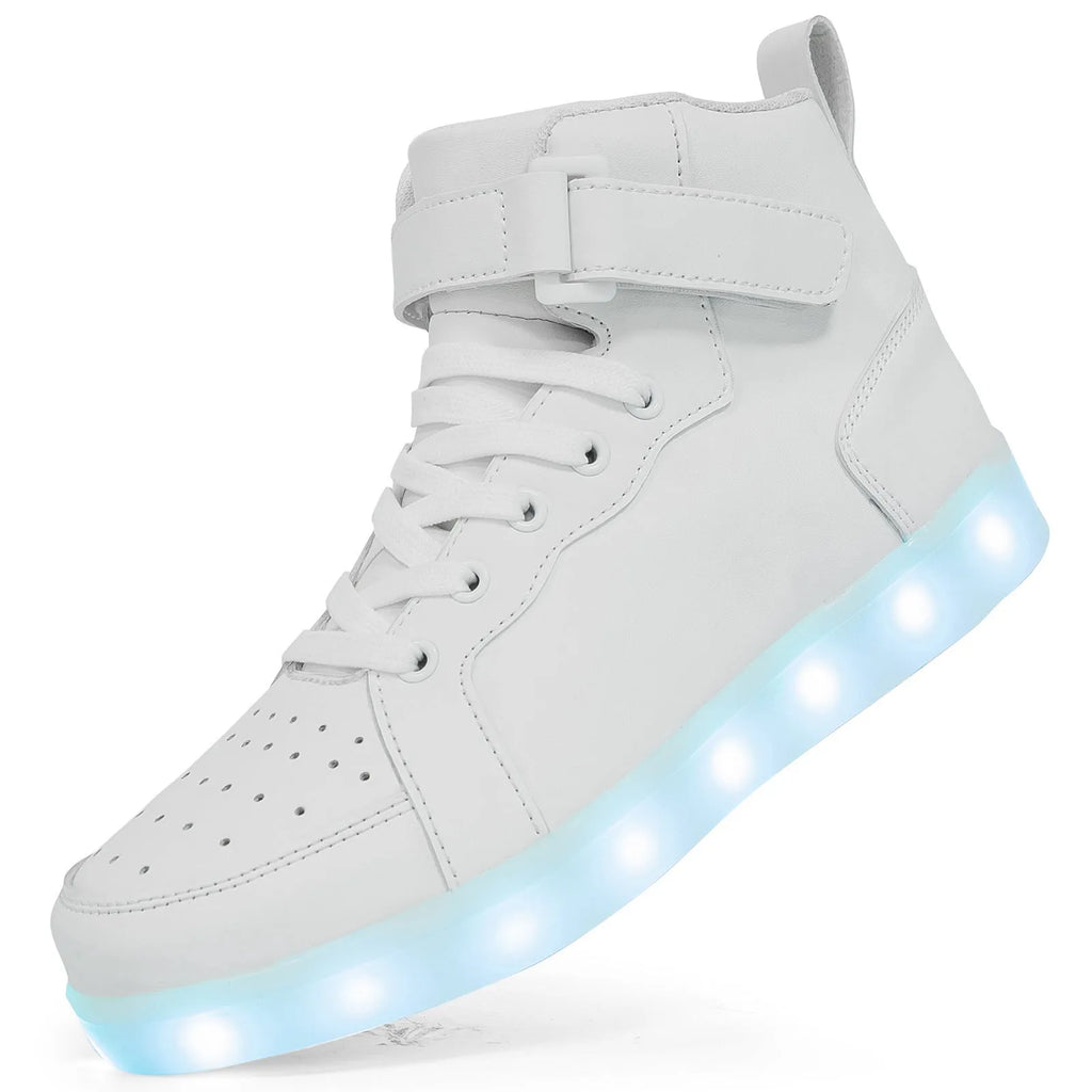 LED light-up high-top board shoes with velcro fastening in black, white, gold, silver, and pink colours