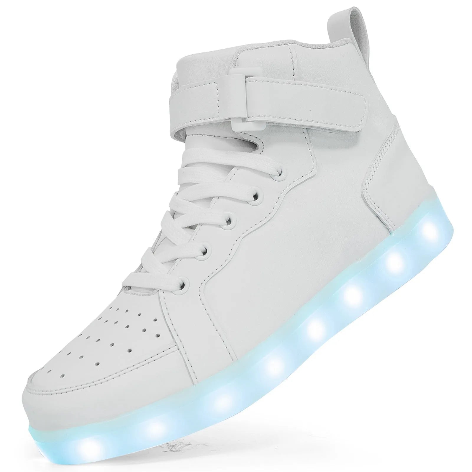 LED light-up high-top board shoes with velcro fastening in black, white, gold, silver, and pink colours