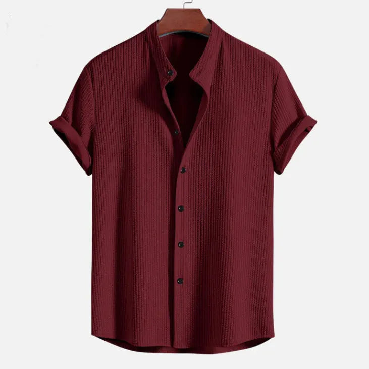 Men's loose short sleeve polyester summer shirt in navy blue.