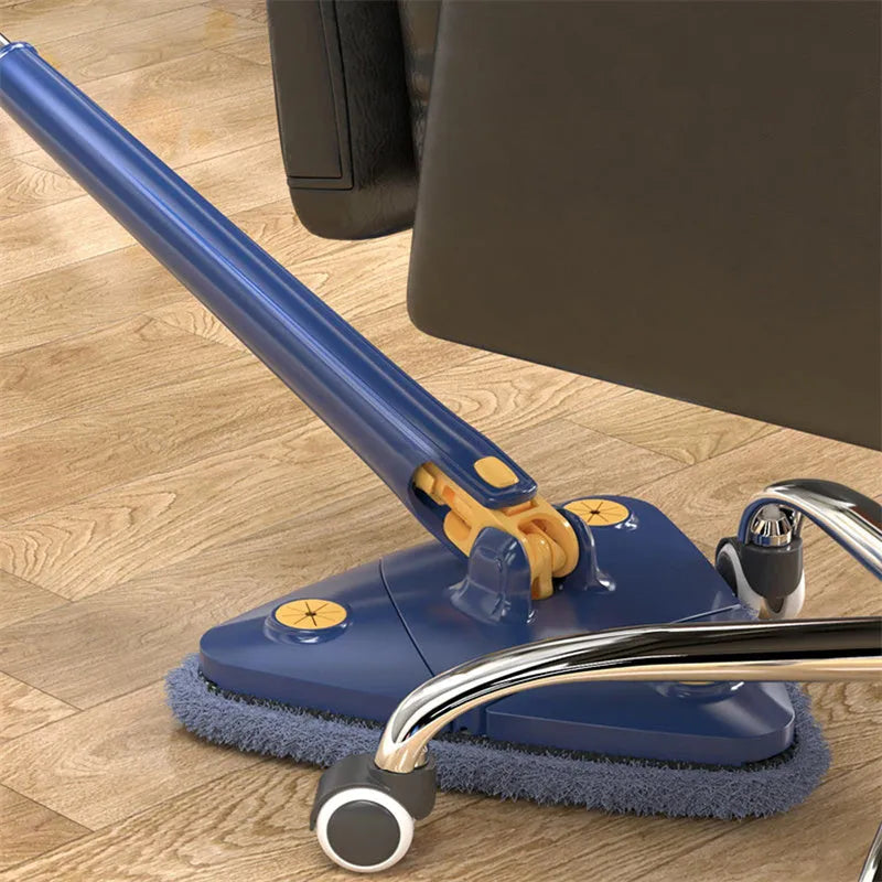 Blue triangle mop with rotating head and extendable stainless steel pole for corner and wall cleaning