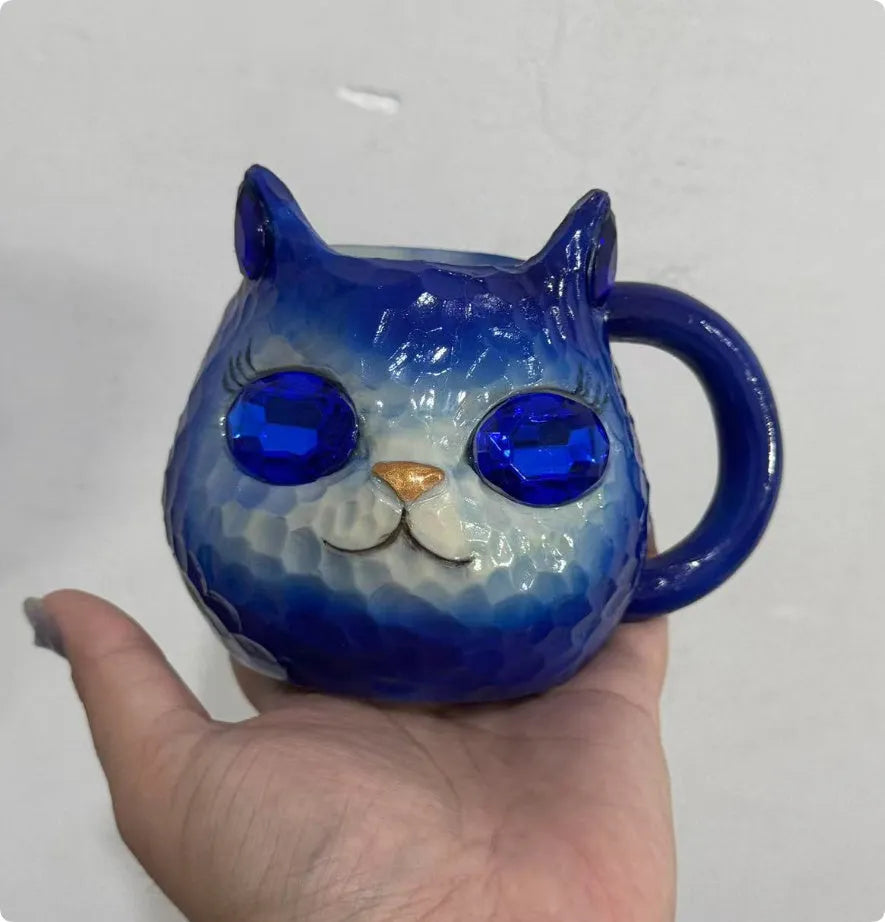 American style decorative Cat Cup resin figurine in blue, green, pink, and purple colour options.