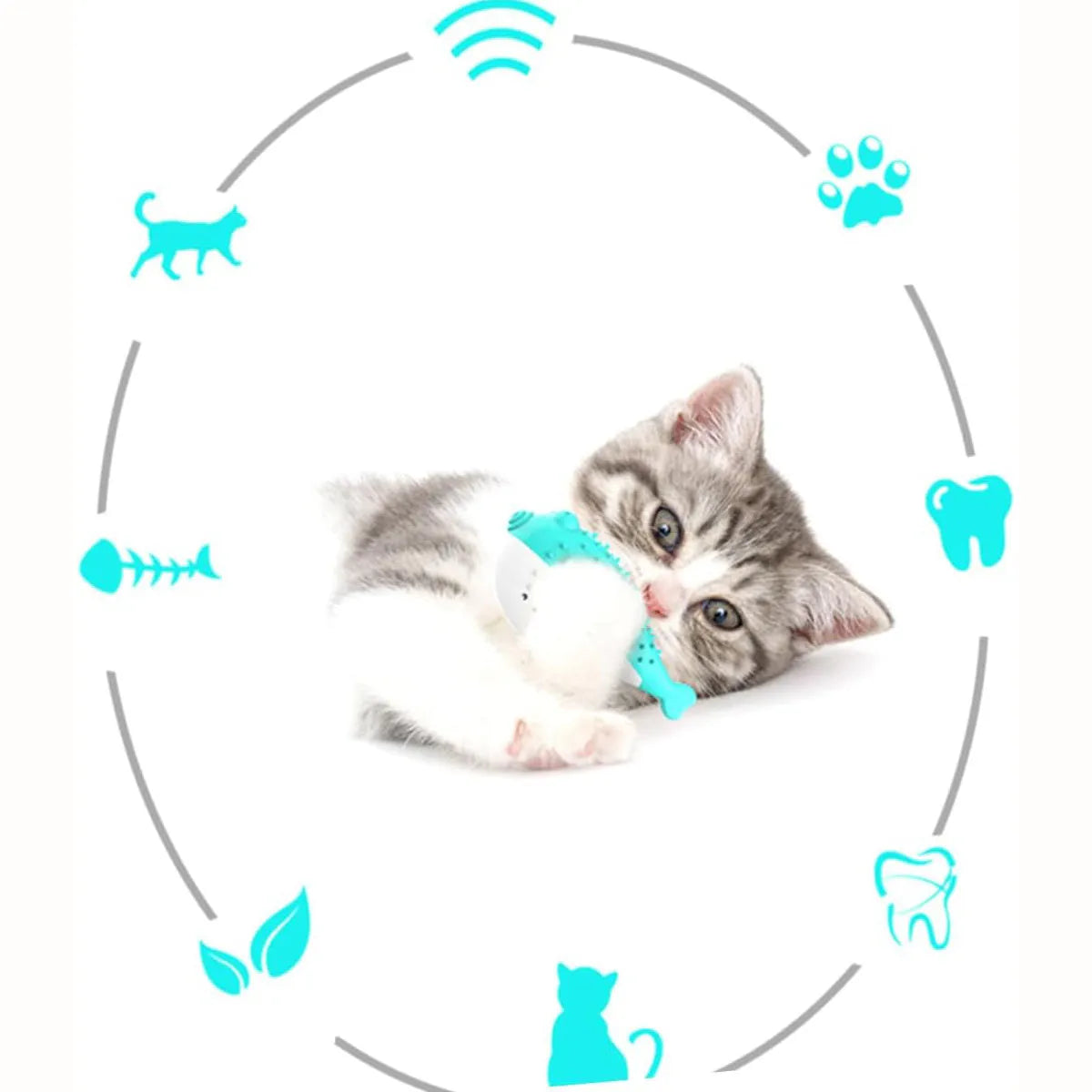 Mint Toys blue silicone fish-shaped cat chew toy with catnip on a white background