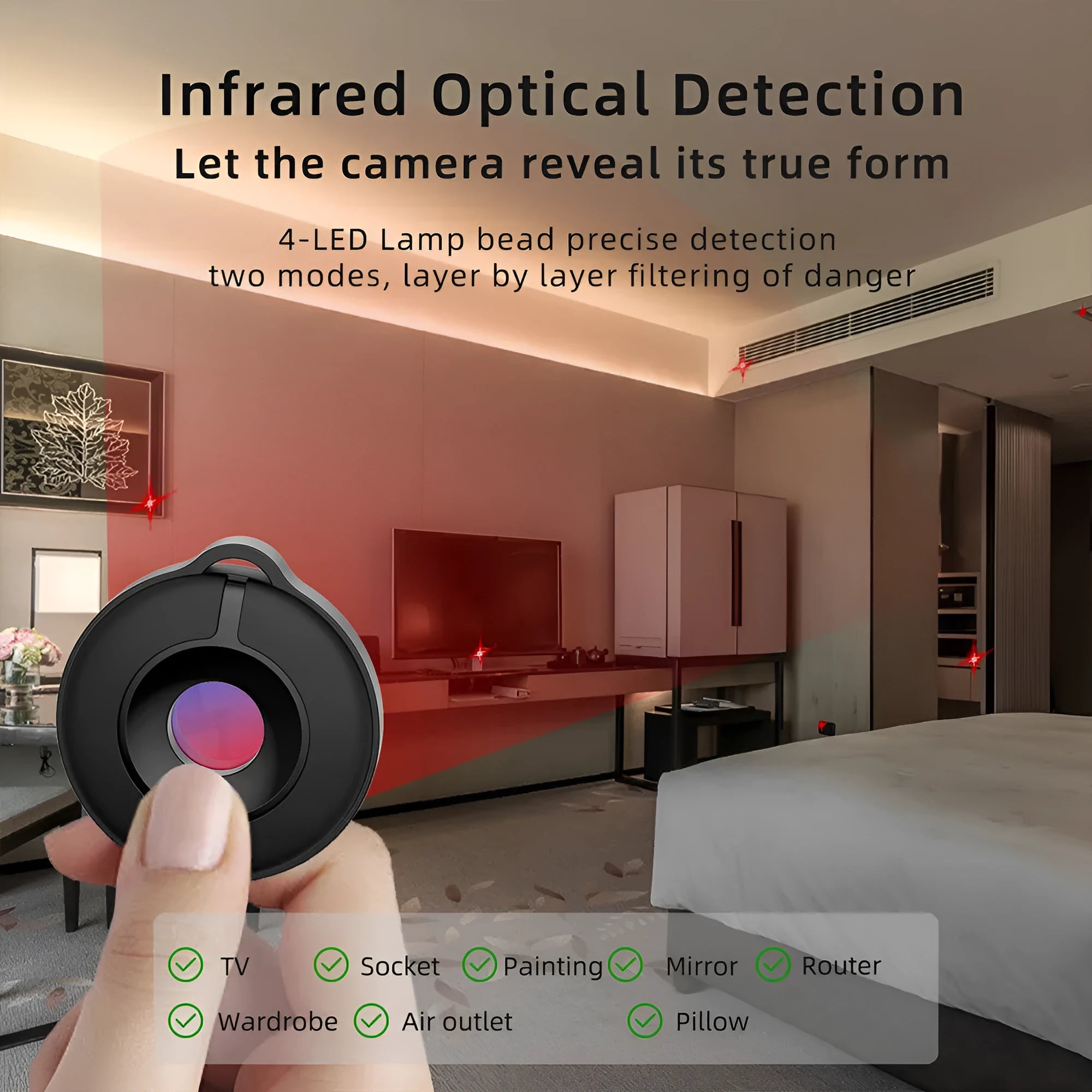 Compact infrared camera detection device with filtering lens for finding hidden surveillance cameras
