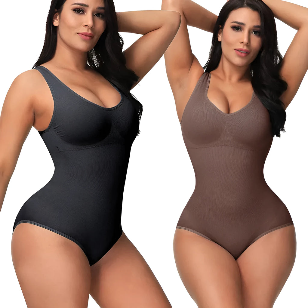 Seamless women's shapewear bodysuit in thin nylon fabric showing waist support and hip lift design.