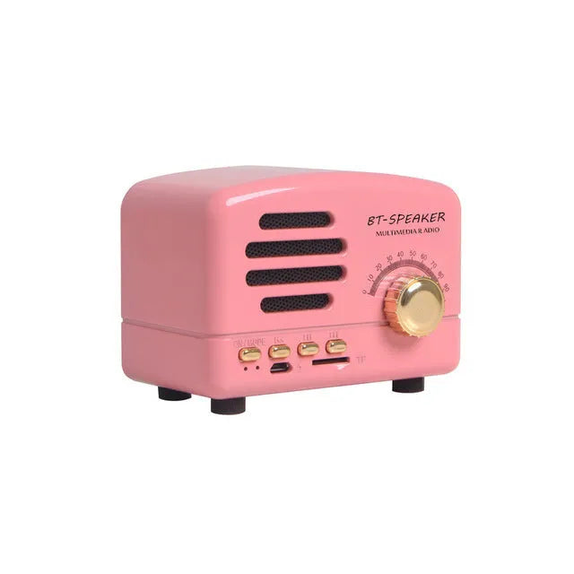 Compact portable Bluetooth speaker with a vintage wood grain finish on a plastic shell