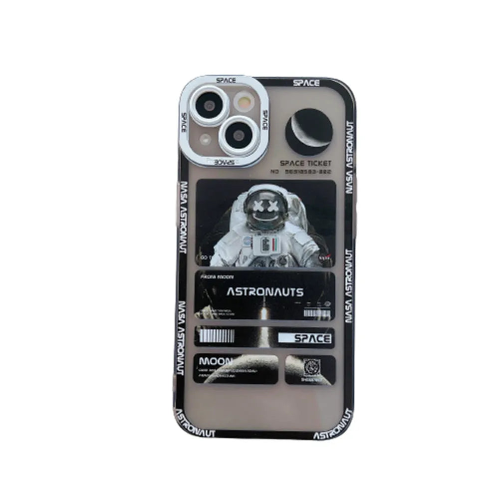 Blue-black silicone iPhone case with a graffiti-style space astronaut print, shown on an iPhone.