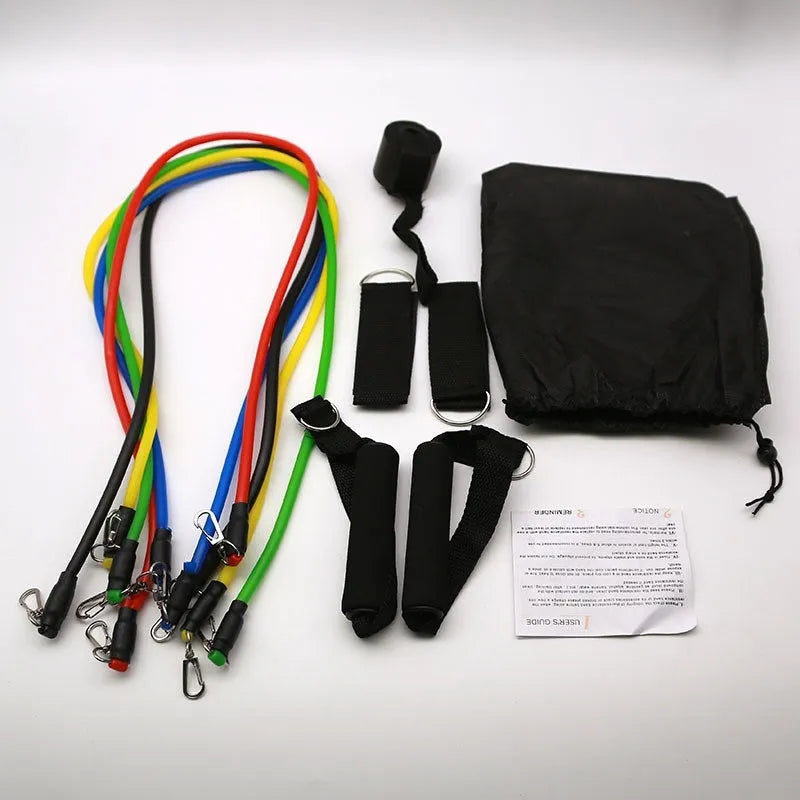 Multi-functional door sports 11-piece fitness set with pulling rope, housed in cloth bag packaging.