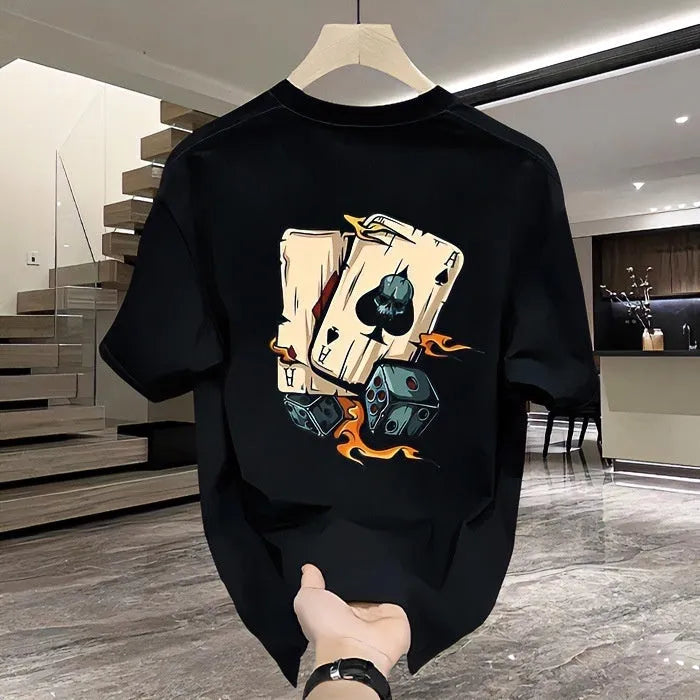 Men's heavyweight black and white pure cotton short-sleeved printed T-shirt showing size range from S to XXXXL.