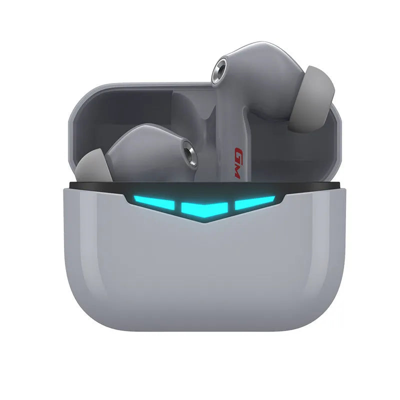 True wireless black gaming earbuds with charging case and three sets of coloured silicone ear tips.