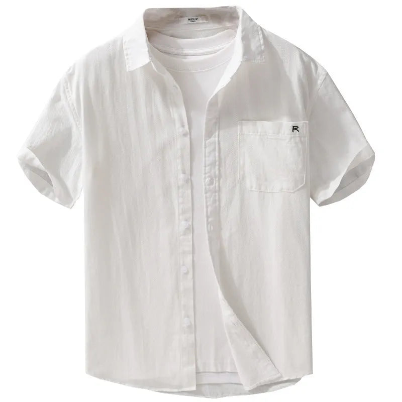 Men's loose fit pure cotton short sleeve shirt in cardigan style showing colour options