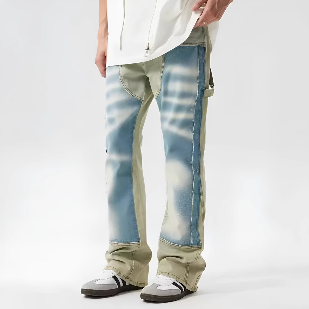 Retro yellow and blue patchwork splash-ink damaged design denim jeans on a mid-waist fit.