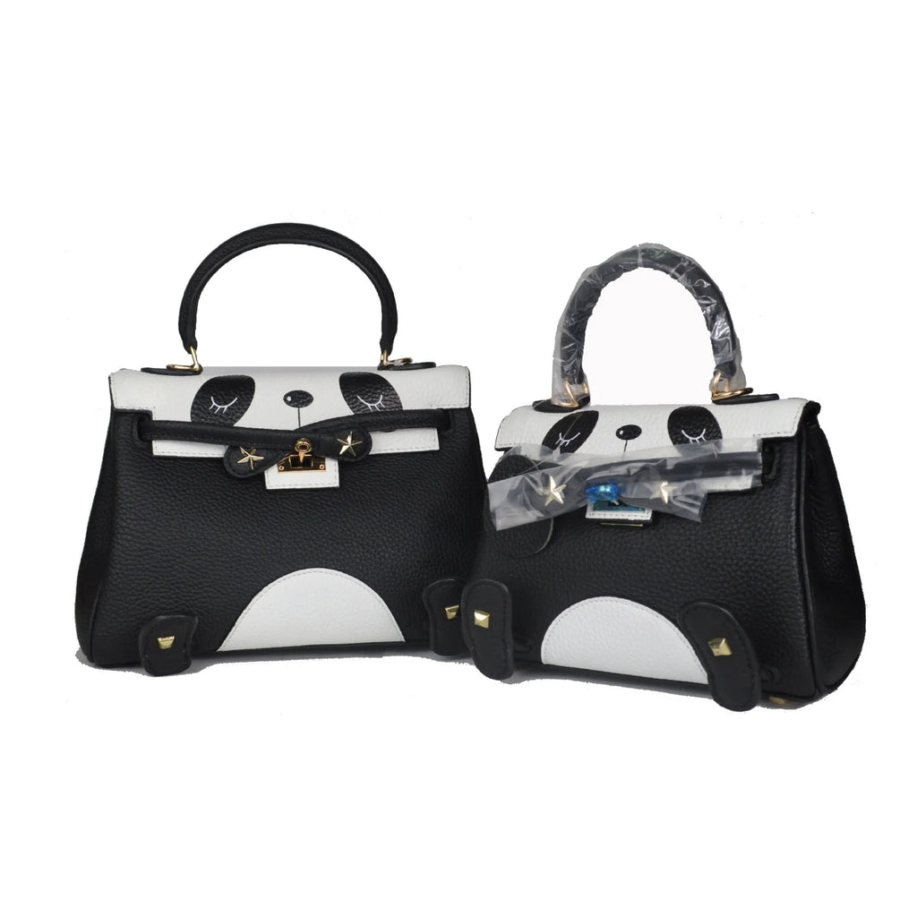 Panda print cow leather handbag in a horizontal square shape, shown in two size options.