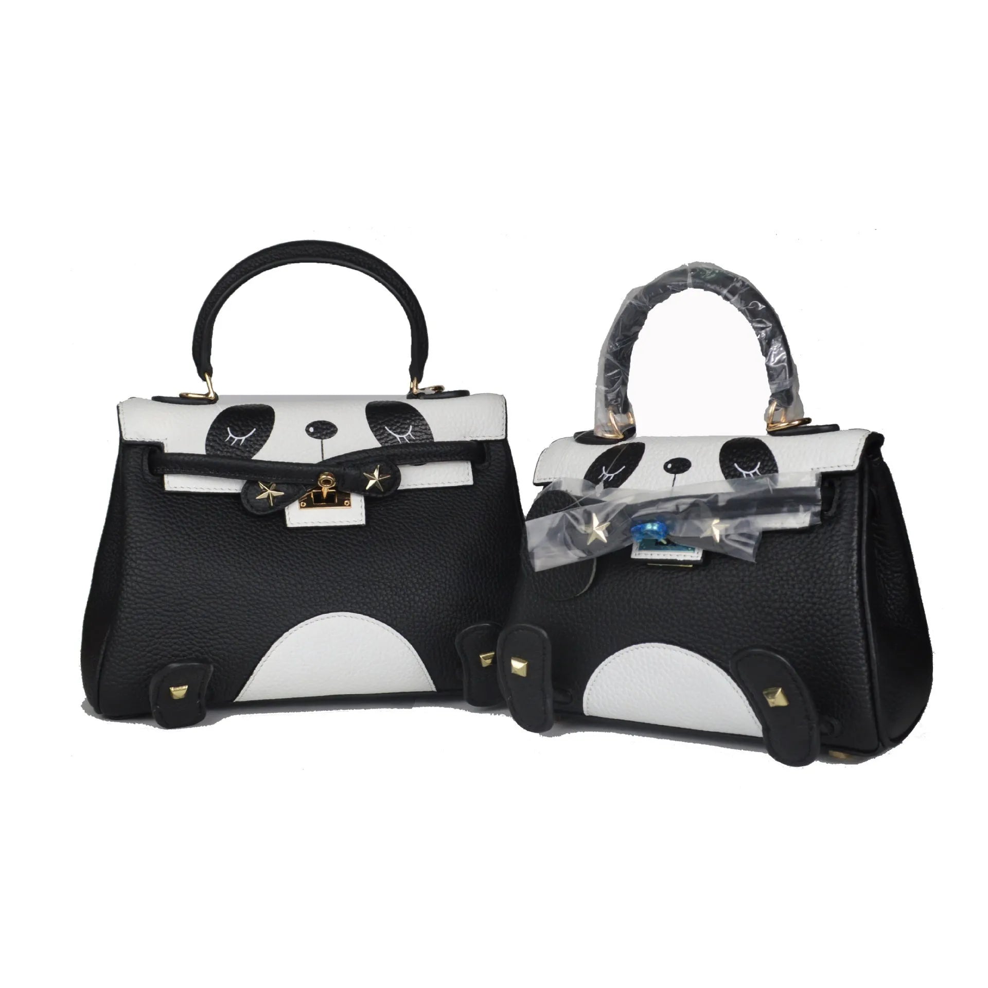 Panda print cow leather handbag in a horizontal square shape, shown in two size options.