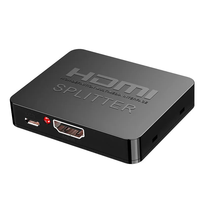 4K HDMI one-to-two splitter box with USB power cable on a white background.