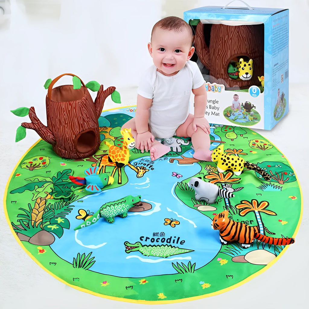 Baby play blanket crawling mat with animal toys, 1 cm thick, in farm or jungle theme.
