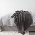 Polyester fibre small throw blanket in dark grey, khaki, or light grey, showing its 127x170cm size.