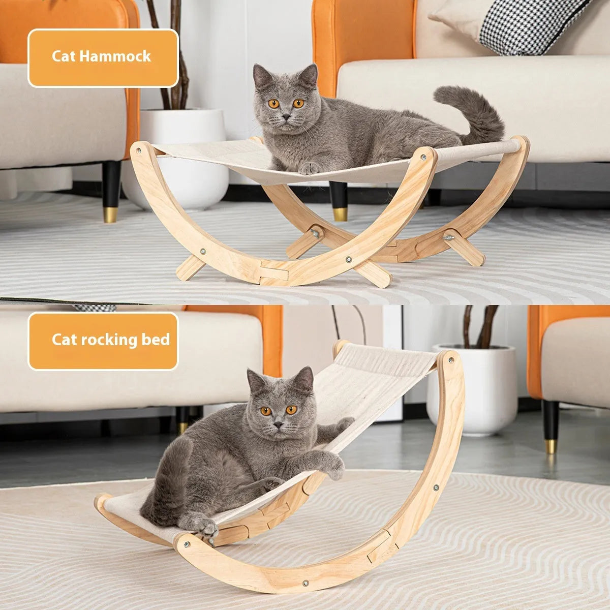 Solid wood frame foldable cat hammock bed with a canvas sleeping surface.
