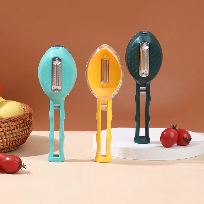 Yellow peeling knife with a blue storage lid on a kitchen counter.