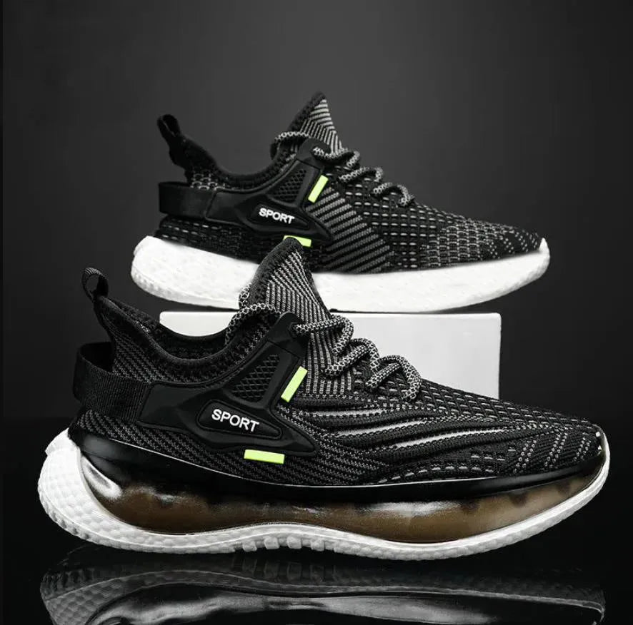 Men's white casual mesh sneakers with round toe and flat rubber sole showing side profile