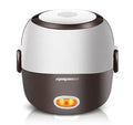 White rice cooker with stainless steel steaming basket, 2 litre capacity, 200w power rating