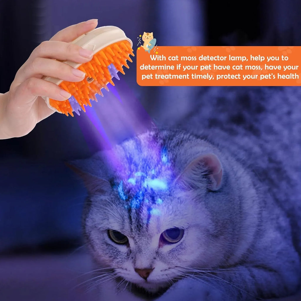 Yellow multifunctional cat steam brush with silicone teeth, water tank, and UV lamp.