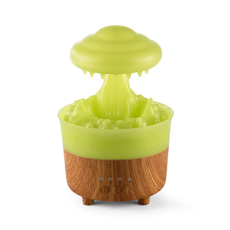Rain cloud shaped humidifier with wood grain finish and LED night lights in column design