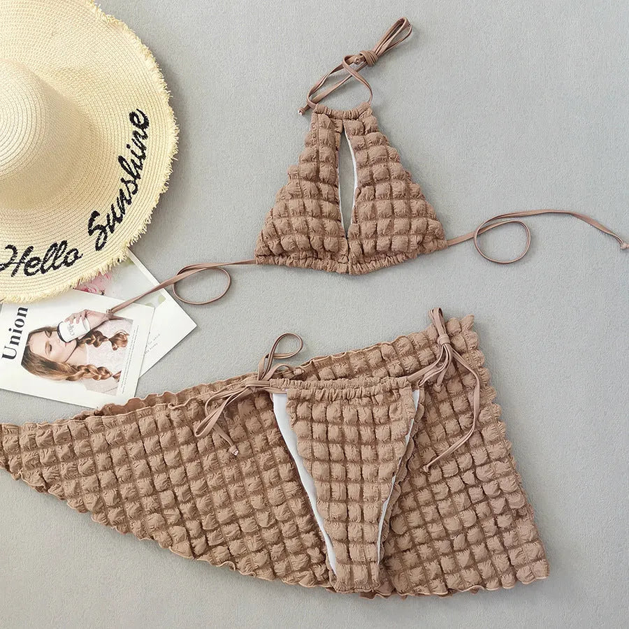 Brown seersucker lace-up women's bikini set with skirt on hanger