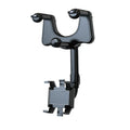 Black rearview mirror car phone holder with telescopic arm and rotating phone clamp.