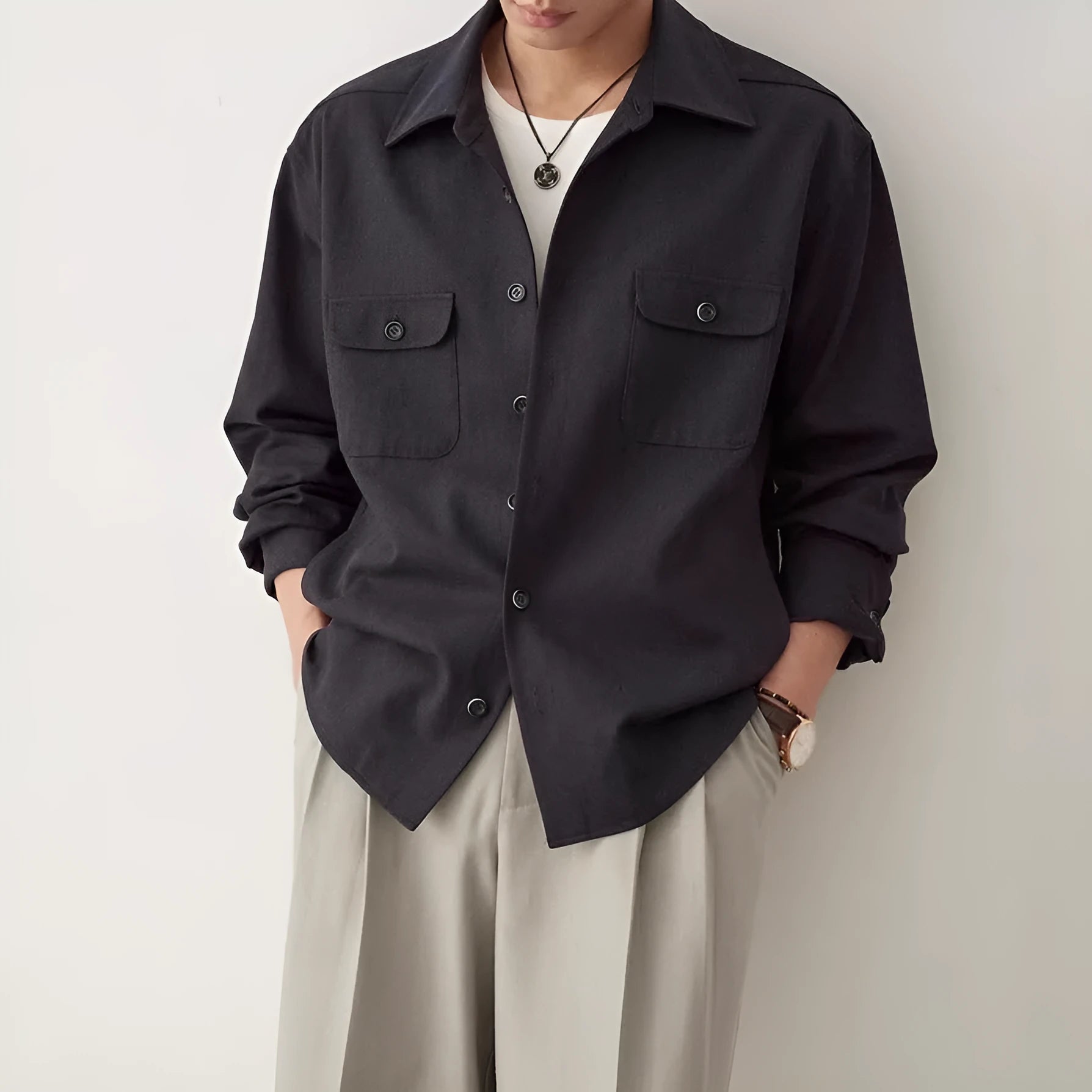 Men's simple profile long sleeve shirt with a cotton lapel collar, shown in Light Sand Rice colour.