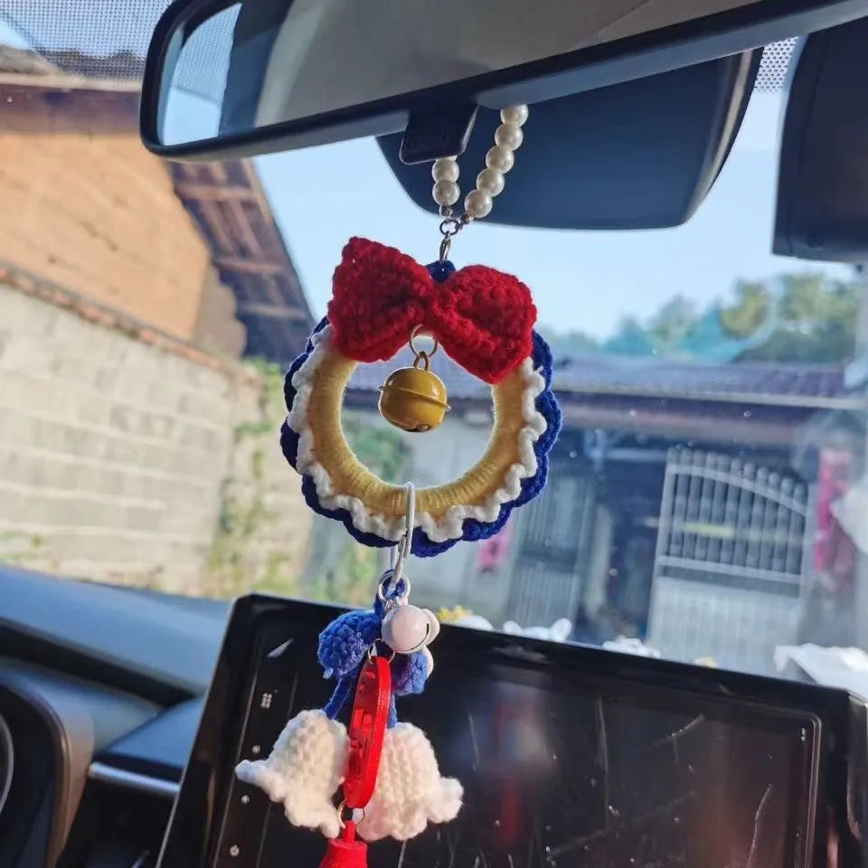 Handmade soft plush yarn car hanging ornament with pom-pom accents for rearview mirror decoration