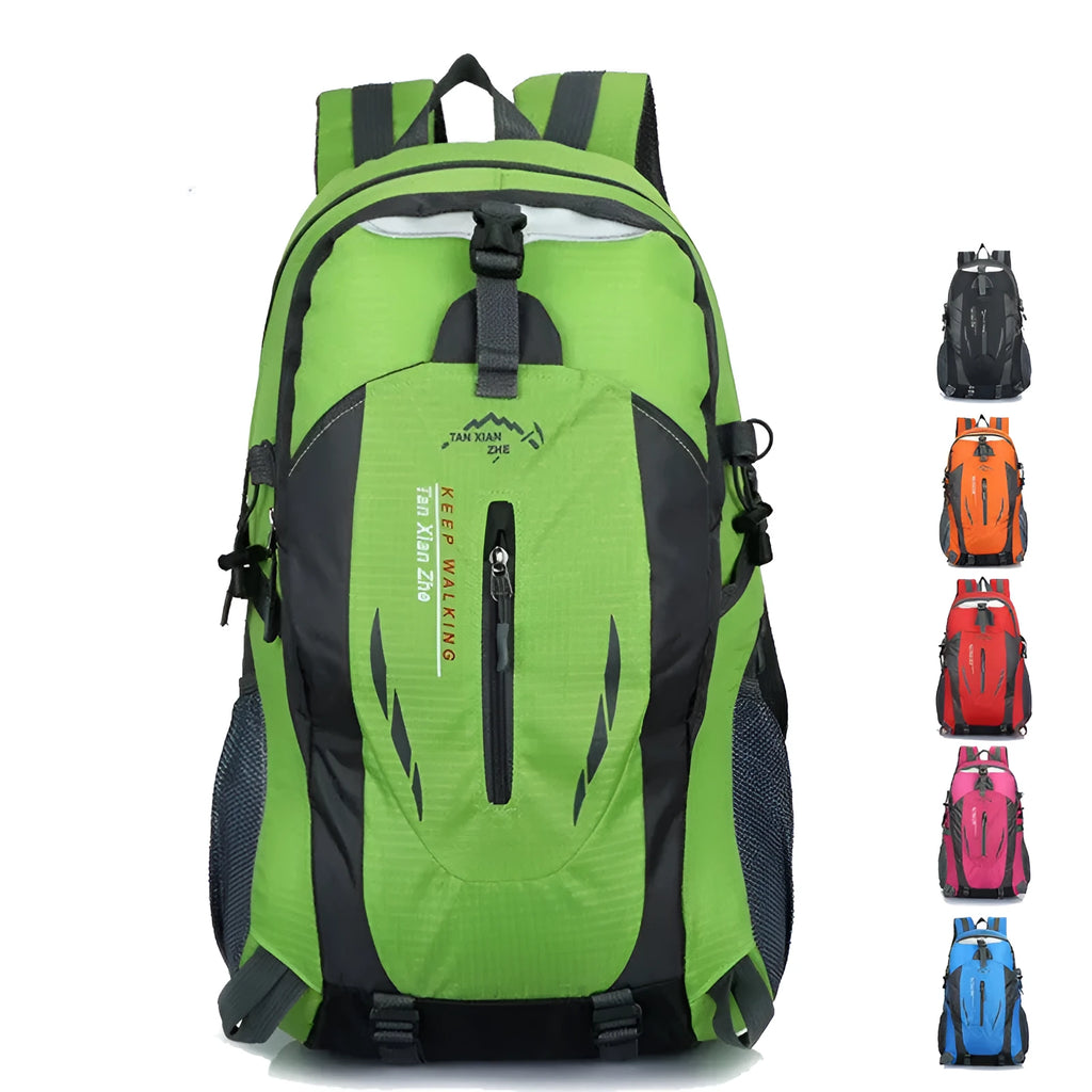 Large black Oxford cloth travel backpack showing dual shoulder straps, front compartments, and substantial 31x51x19cm dimensions
