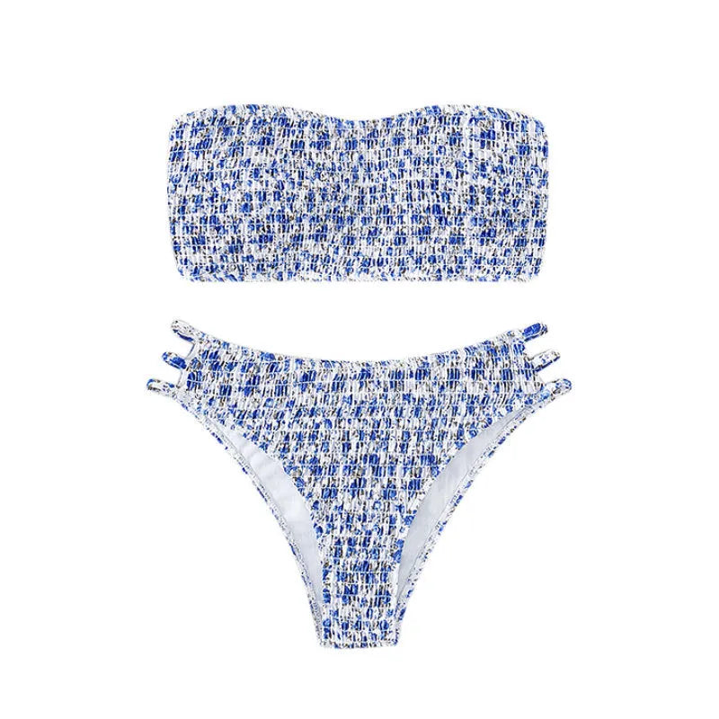 Women's strapless floral swimsuit with split back design and high-waisted briefs in multiple colour options