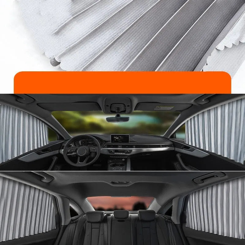 Auto retractable car sun curtain with roller shutter mechanism in black colour extended over vehicle window