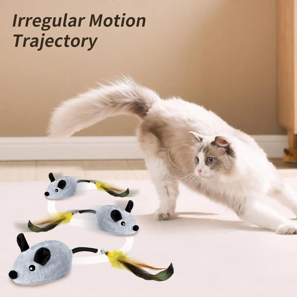 Grey and yellow interactive electronic cat mouse toy with feather tail and LED lights