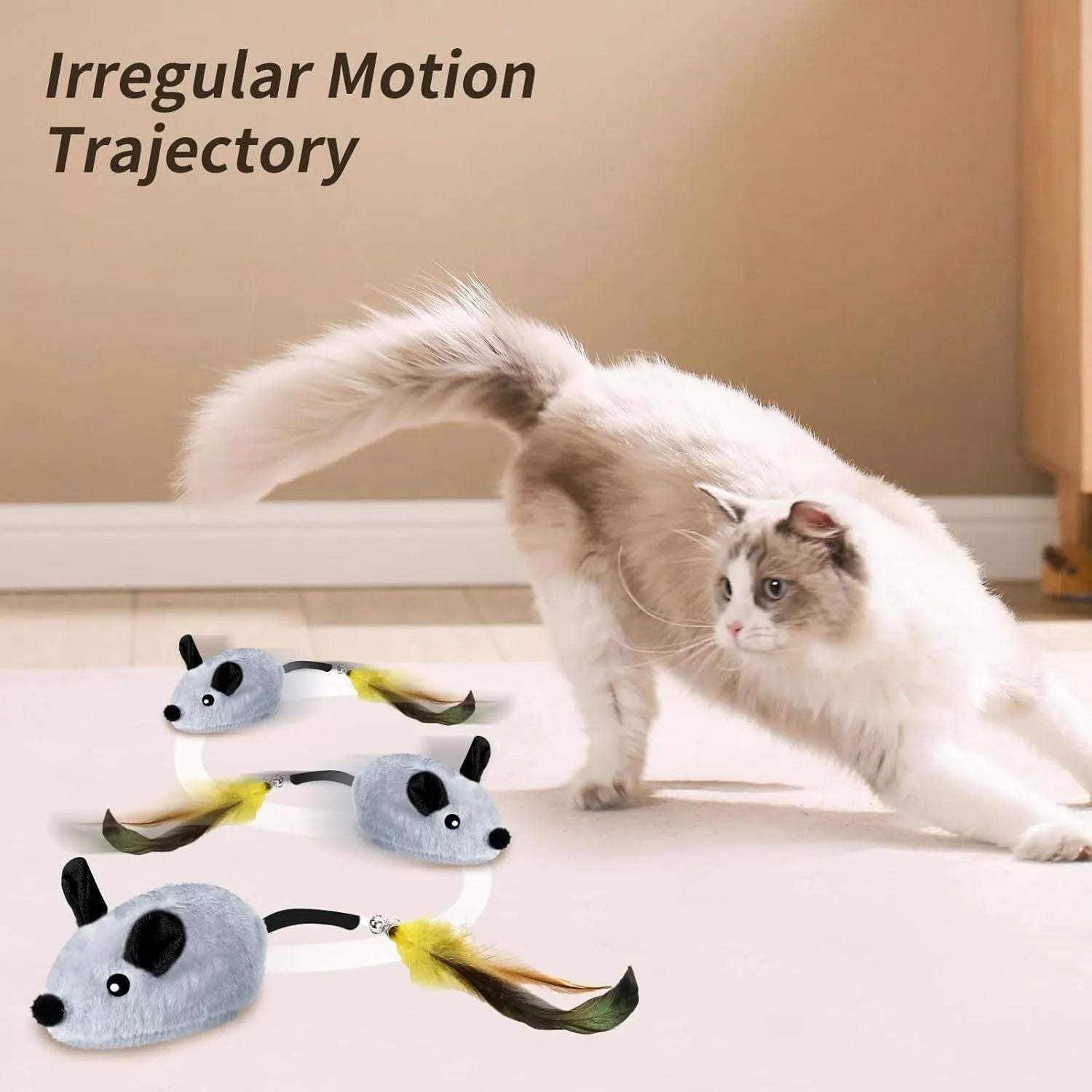 Grey and yellow interactive electronic cat mouse toy with feather tail and LED lights