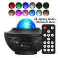 Black star projector lamp on desktop showing rotating laser water ripple and star projection effects