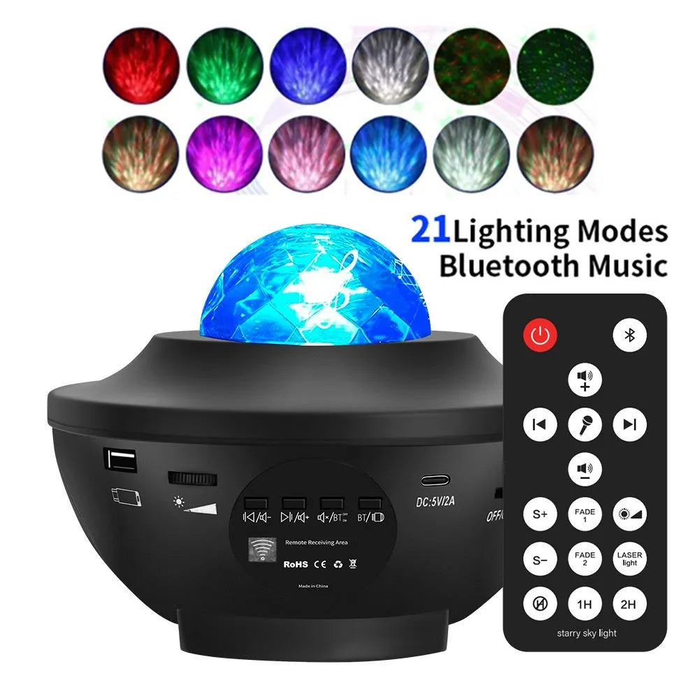 Black star projector lamp on desktop showing rotating laser water ripple and star projection effects