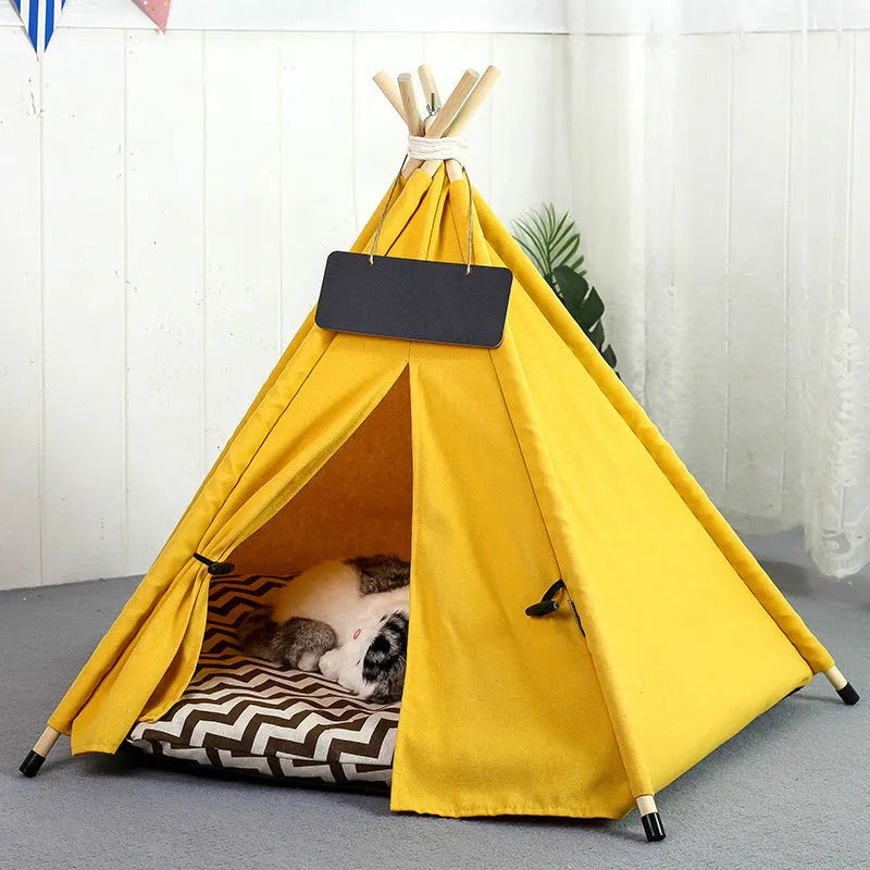 Flax linen pet teepee tent with striped pattern and cushion for small dogs cats