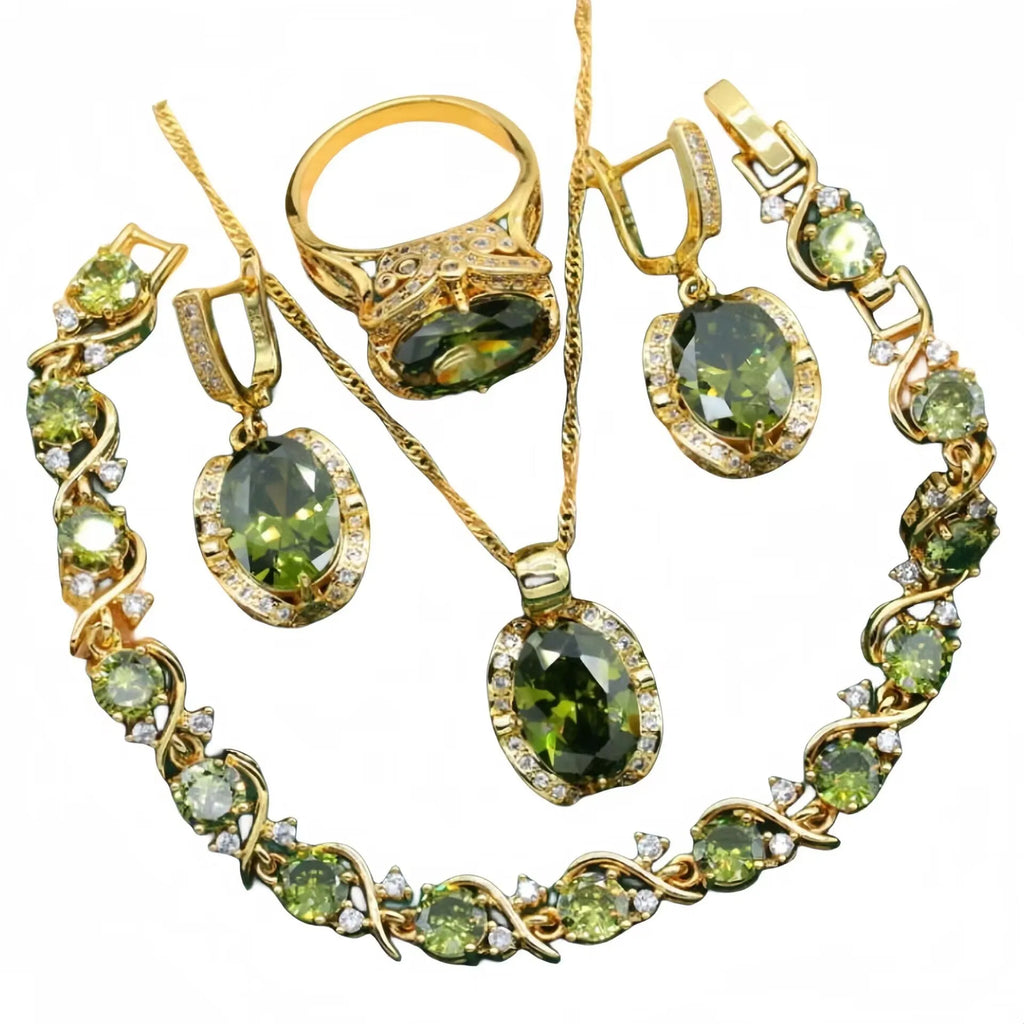 Women's copper zircon jewellery set with snake bone chain necklace, matching earrings and ring in olive green or red