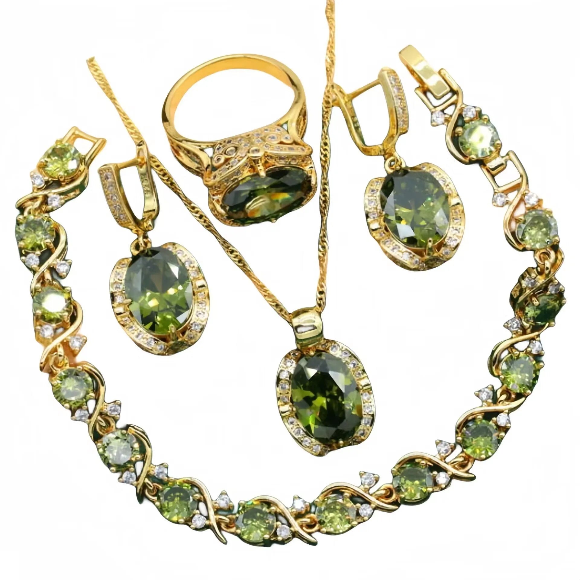 Women's copper zircon jewellery set with snake bone chain necklace, matching earrings and ring in olive green or red