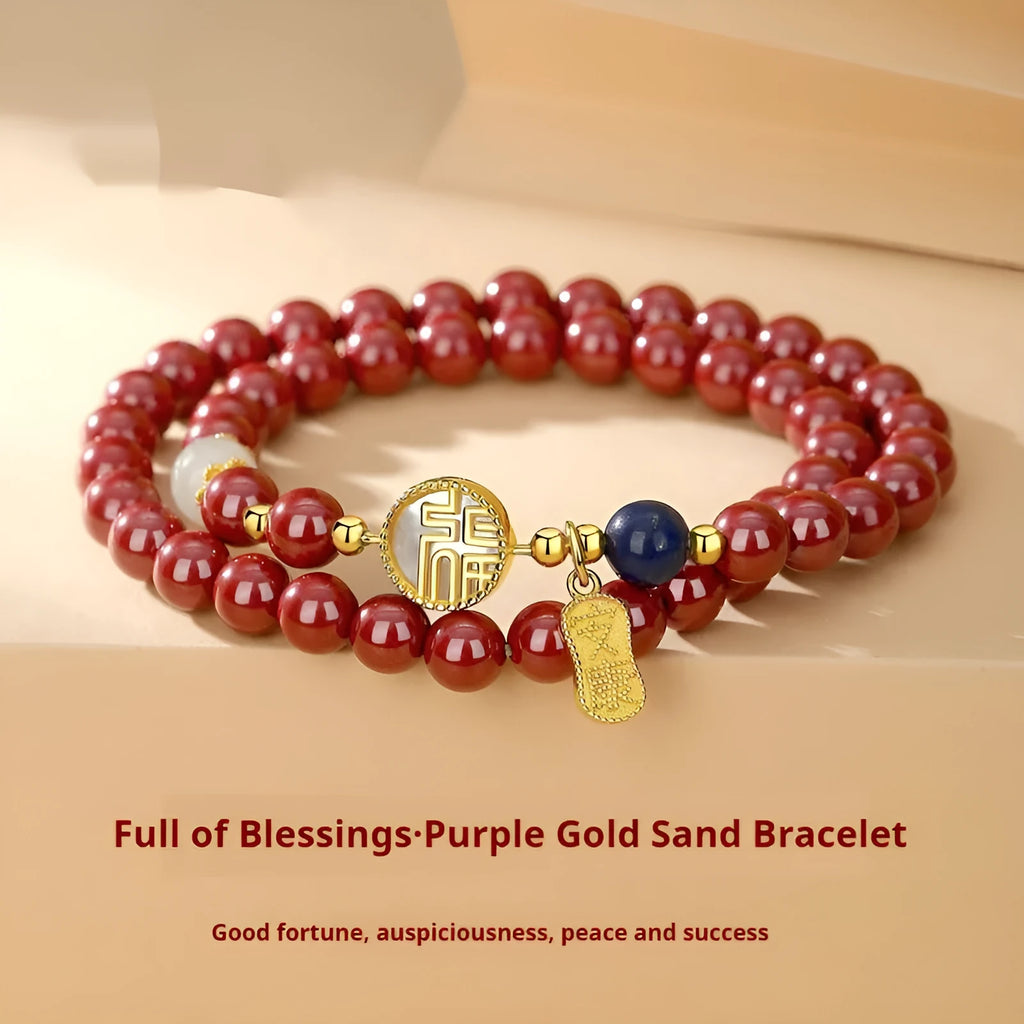 S925 sterling silver bracelet with white shell, red cinnabar, and purple gold sandstone beads and a blessing card charm.