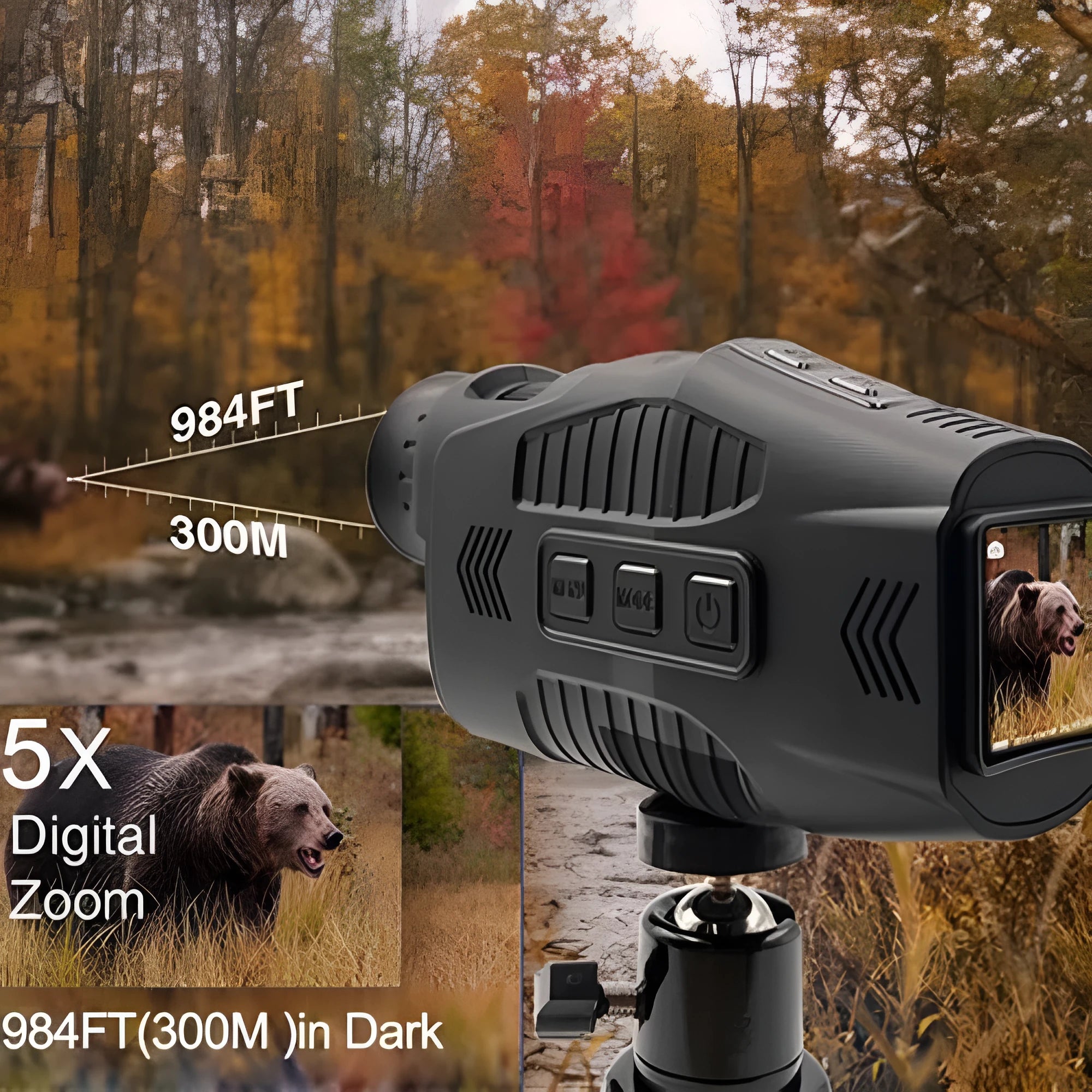 HD infrared night vision monocular with 1.54 inch display and 5X digital zoom on dark background