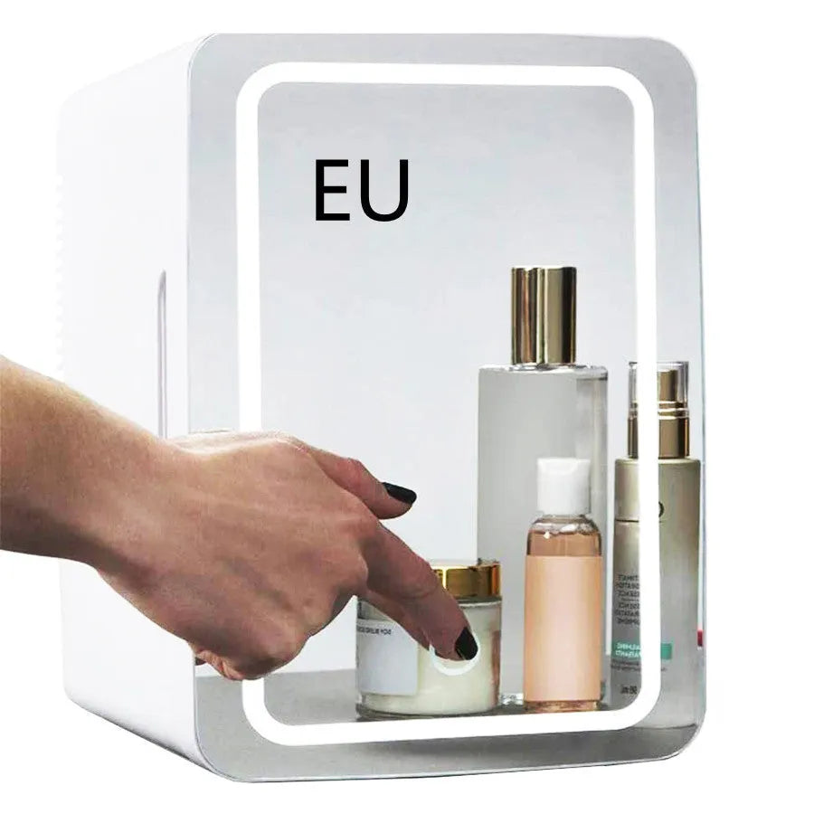 White mini cosmetic refrigerator with cooling and warming functions from 22 to 65 degrees Celsius